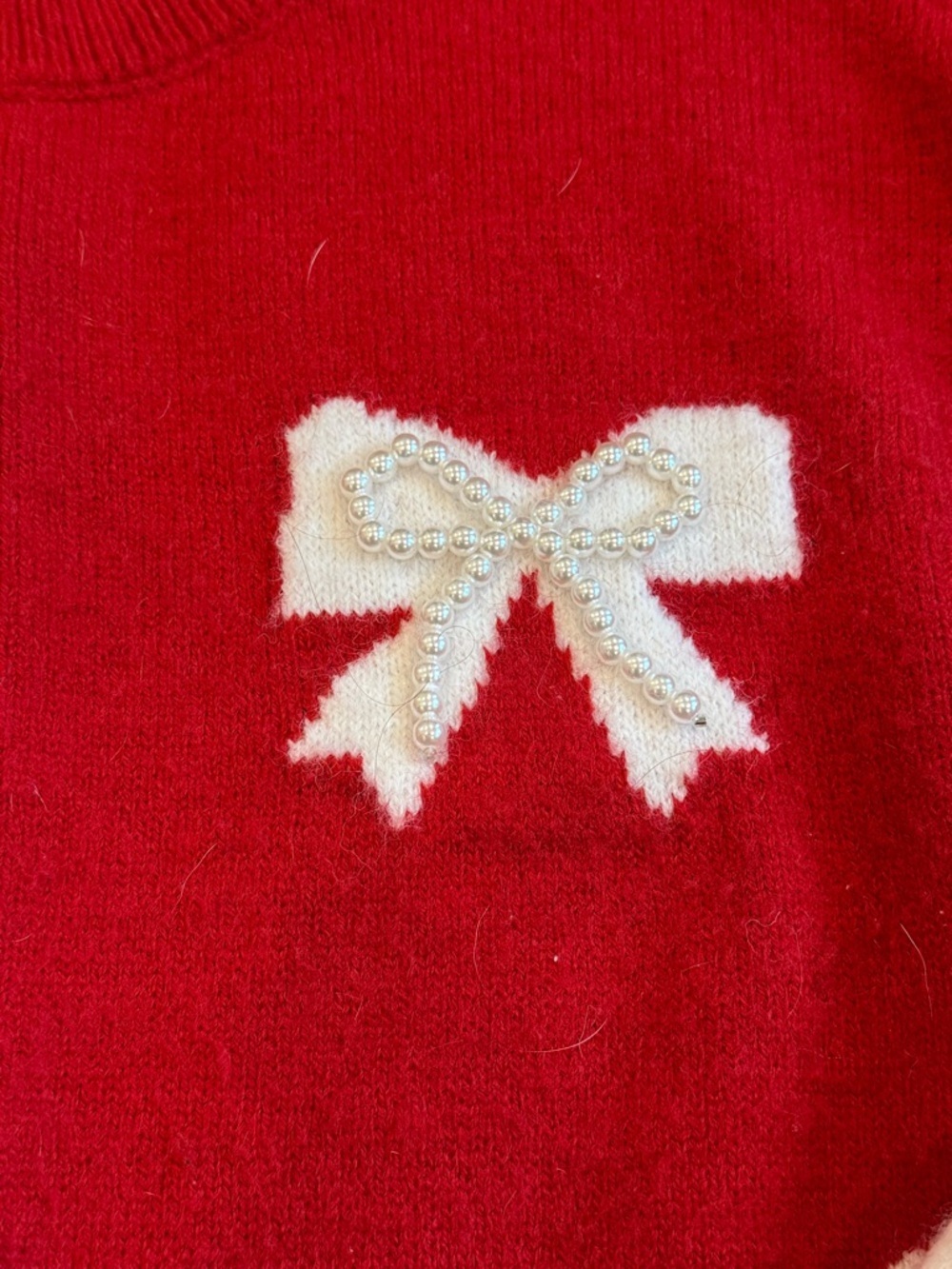 Women’s Red Bow Pattern Crewneck Sweater Pearl Detail XS - Picture 2 of 3